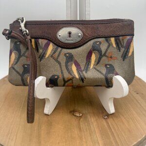 Fossil Key-Per coated canvas wallet wristlet in a bird pattern with leather trim